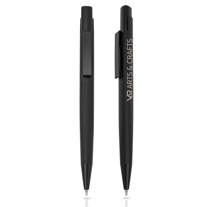 Set de bolígrafo y portaminas de aluminio con estuche tinta negra color negro vista con logo impreso