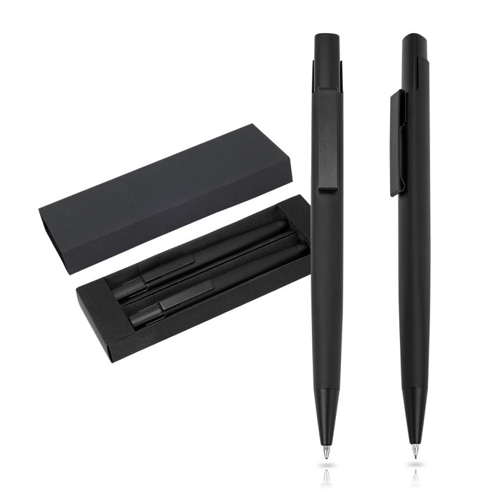 Set de bolígrafo y portaminas de aluminio con estuche tinta negra color negro vista en caja