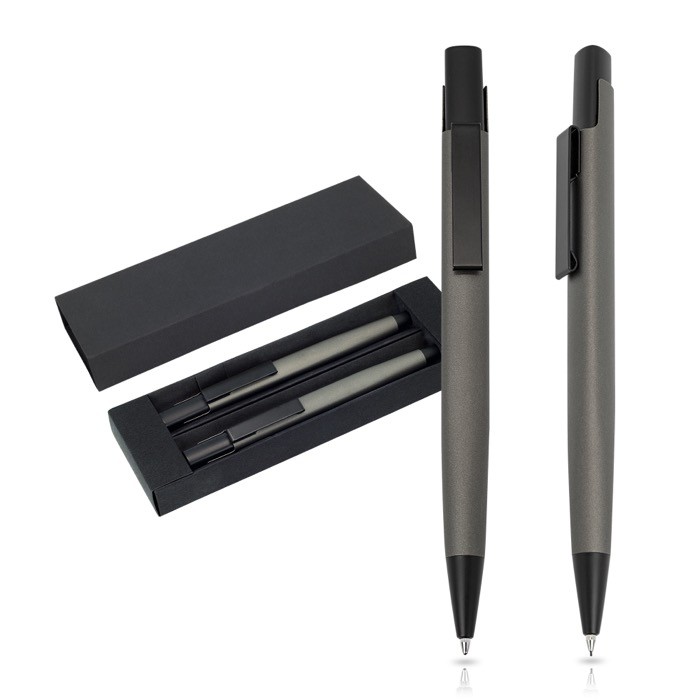 Set de bolígrafo y portaminas de aluminio con estuche tinta negra color gris oscuro
