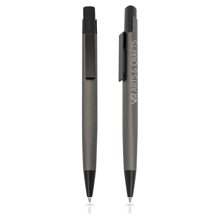 Set de bolígrafo y portaminas de aluminio con estuche tinta negra color gris oscuro vista con logo impreso