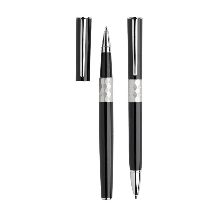 Set de bolígrafo y roller de metal de diseño con caja tinta negra color negro Set de bolígrafo y roller de metal de diseño con caja tinta negra color negro