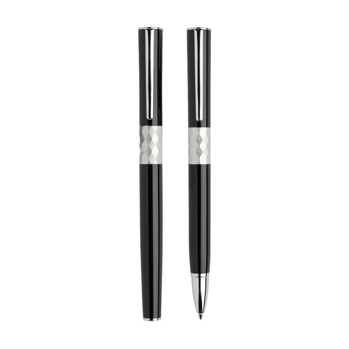 Set de bolígrafo y roller de metal de diseño con caja tinta negra color negro Set de bolígrafo y roller de metal de diseño con caja tinta negra color negro
