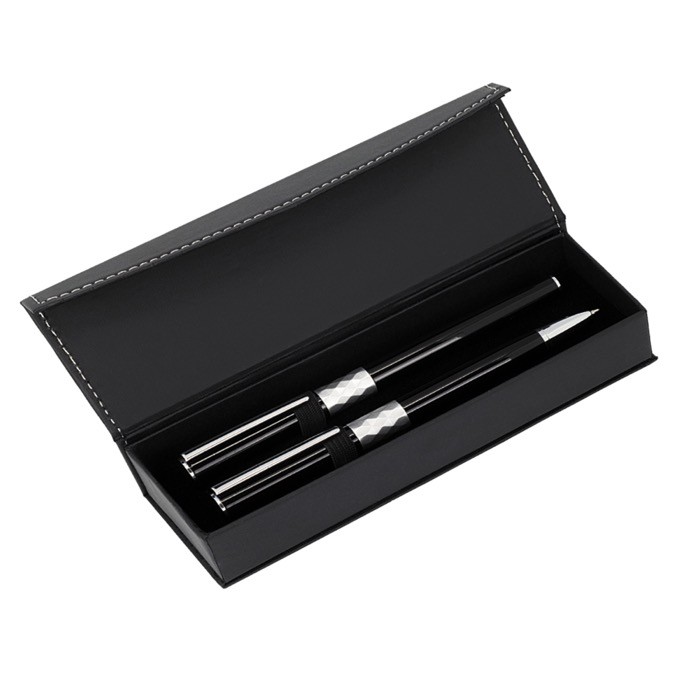 Set de bolígrafo y roller de metal de diseño con caja tinta negra color negro Set de bolígrafo y roller de metal de diseño con caja tinta negra color negro