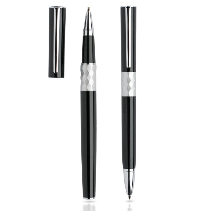 Set de bolígrafo y roller de metal de diseño con caja tinta negra color negro vista 1 Set de bolígrafo y roller de metal de diseño con caja tinta negra color negro vista 1