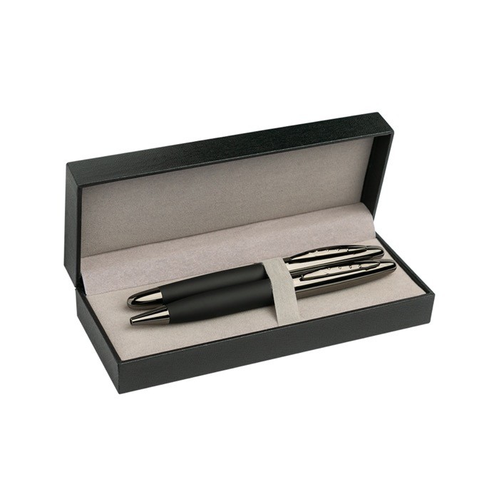 Set de bolígrafo y roller de metal con tacto de goma tinta azul