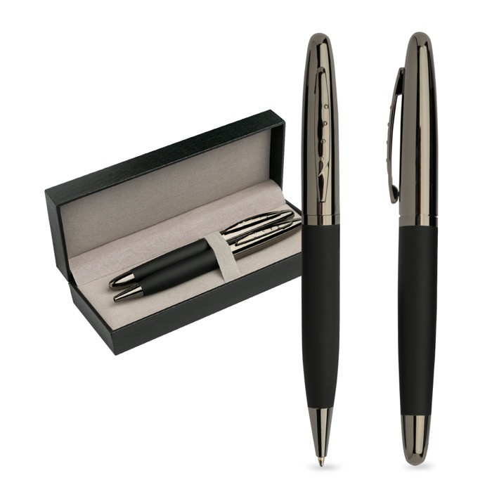 Set de bolígrafo y roller de metal con tacto de goma tinta azul color gris oscuro