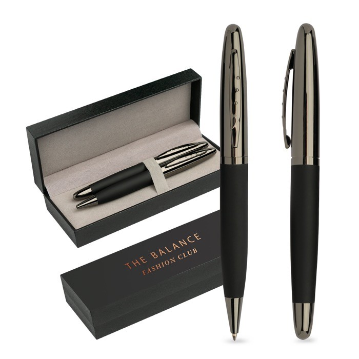 Set de bolígrafo y roller de metal con tacto de goma tinta azul color gris oscuro vista con logo impreso