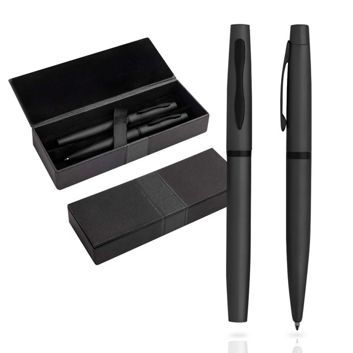 Set de bolígrafo y roller con caja de regalo a juego tinta azul color negro