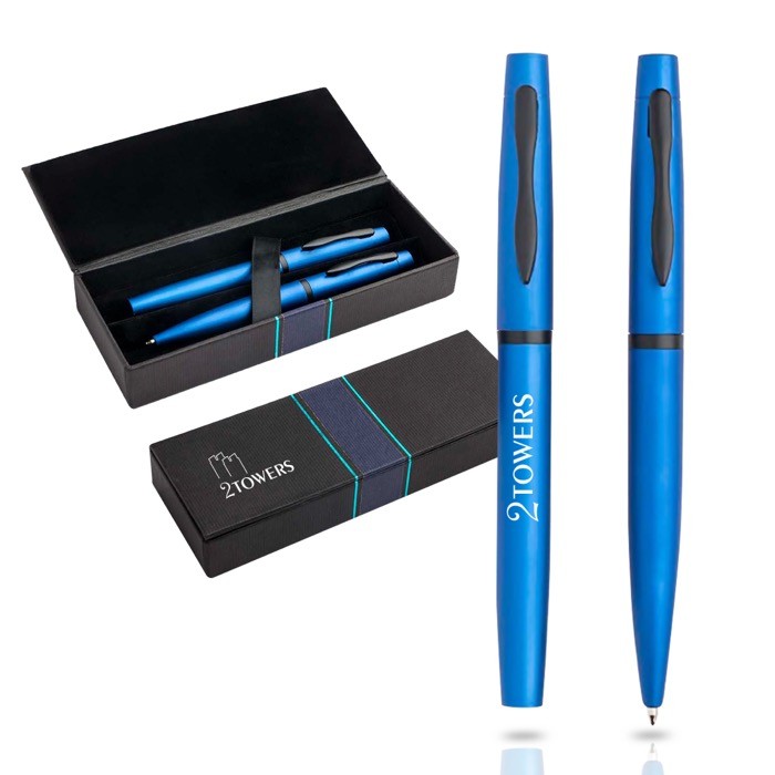 Set de bolígrafo y roller con caja de regalo a juego tinta azul color azul real vista con logo impreso