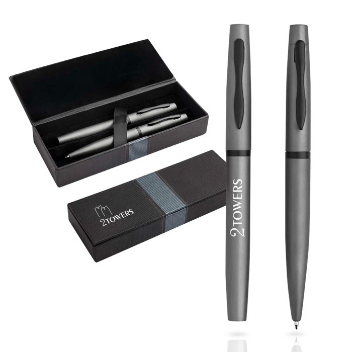 Set de bolígrafo y roller con caja de regalo a juego tinta azul color gris oscuro vista con logo impreso