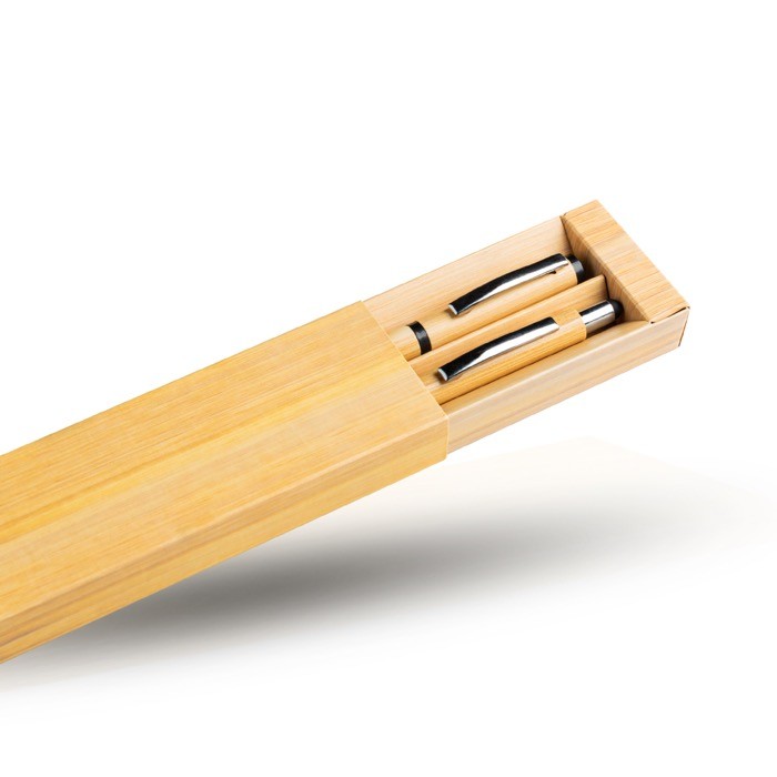 Bolígrafo y roller hechos de bambú con clip y estuche tinta azul color negro vista 2