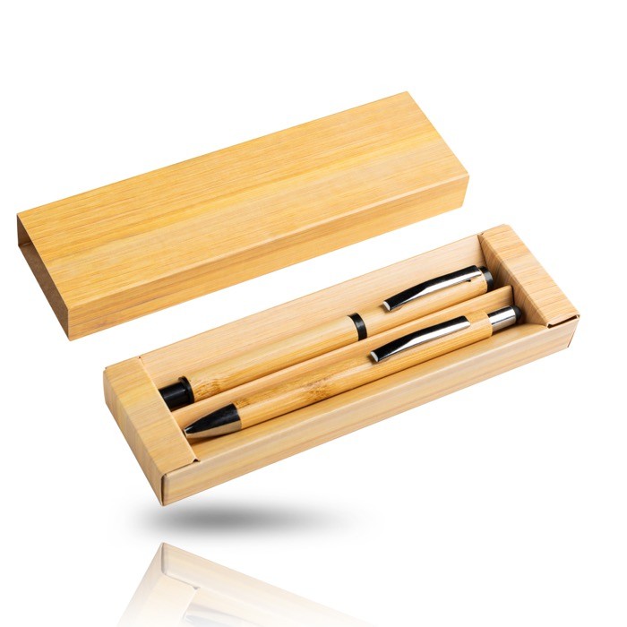 Bolígrafo y roller hechos de bambú con clip y estuche tinta azul color negro vista 3