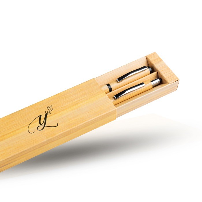 Bolígrafo y roller hechos de bambú con clip y estuche tinta azul color negro vista 2
