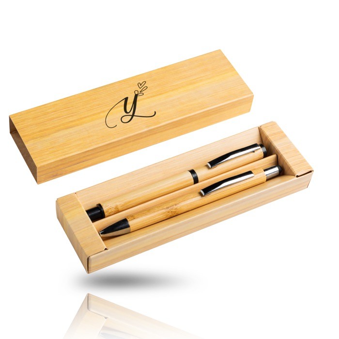 Bolígrafo y roller hechos de bambú con clip y estuche tinta azul color negro vista 3
