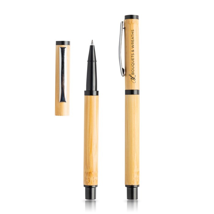 Bolígrafo y roller hechos de bambú con clip y estuche tinta azul color negro vista 1