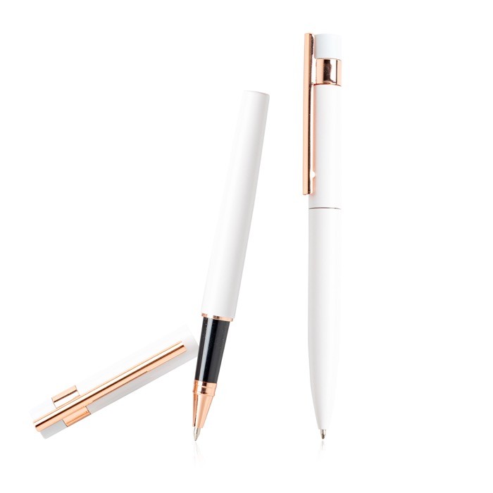 Juego de bolígrafo y roller con detalles en oro rosa tinta negra color blanco vista 3 Juego de bolígrafo y roller con detalles en oro rosa tinta negra color blanco vista 3