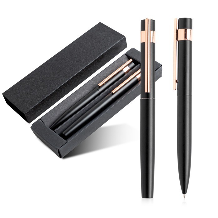 Juego de bolígrafo y roller con detalles en oro rosa tinta negra color negro vista 11 Juego de bolígrafo y roller con detalles en oro rosa tinta negra color negro vista 11