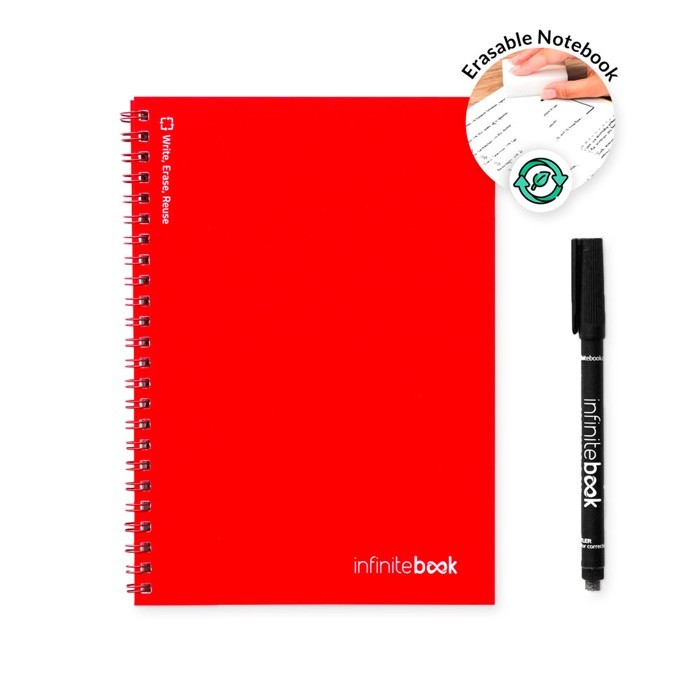 Libreta infinita con tapa flexible y rotulador A5 hojas lisas color rojo tercera vista