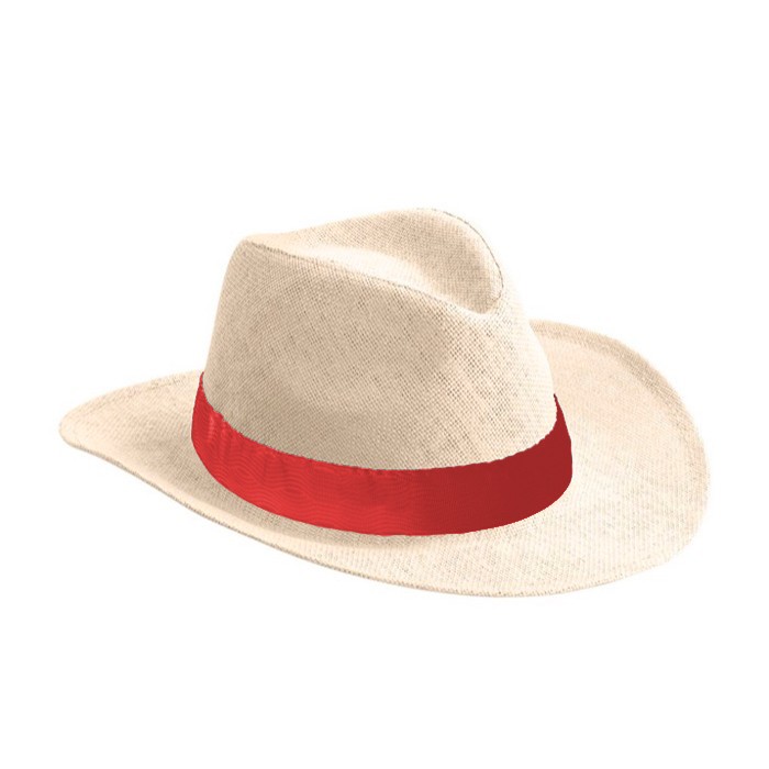 Sombrero de papel en color natural con cinta de color personalizable color rojo primera vista