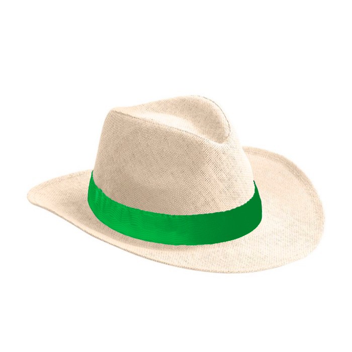Sombrero de papel en color natural con cinta de color personalizable color verde primera vista