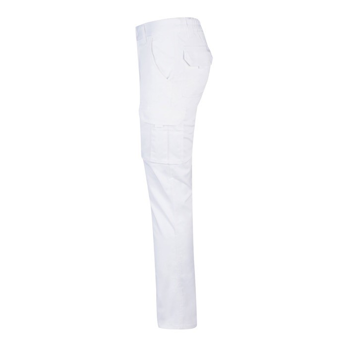 Pantalón multibolsillos unisex de algodón y poliéster 240 g/m2 color blanco tercera vista Pantalón multibolsillos unisex de algodón y poliéster 240 g/m2 color blanco tercera vista