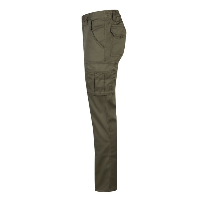 Pantalón multibolsillos unisex de algodón y poliéster 240 g/m2 color verde militar tercera vista Pantalón multibolsillos unisex de algodón y poliéster 240 g/m2 color verde militar tercera vista