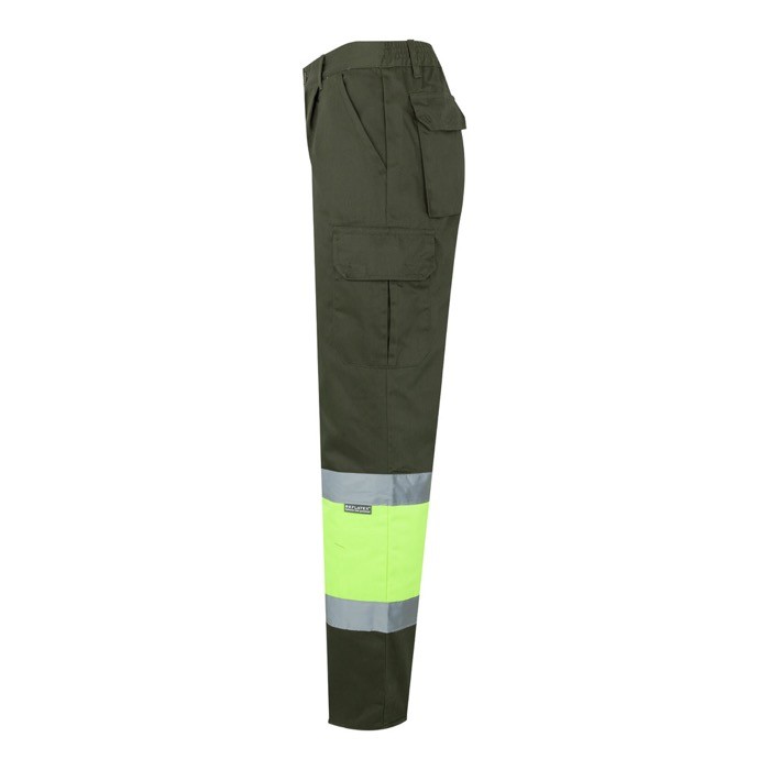 Pantalón de trabajo de algodón y poliéster con reflectantes 210 g/m2 color verde militar tercera vista Pantalón de trabajo de algodón y poliéster con reflectantes 210 g/m2 color verde militar tercera vista