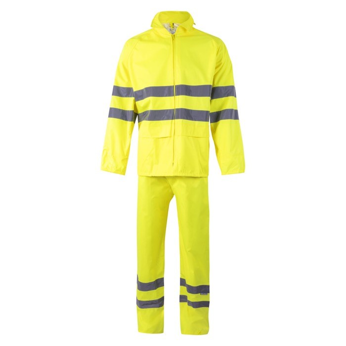Traje de lluvia de poliéster para trabajar con reflectantes 130 g/m2 color amarillo fluorescente Traje de lluvia de poliéster para trabajar con reflectantes 130 g/m2 color amarillo fluorescente