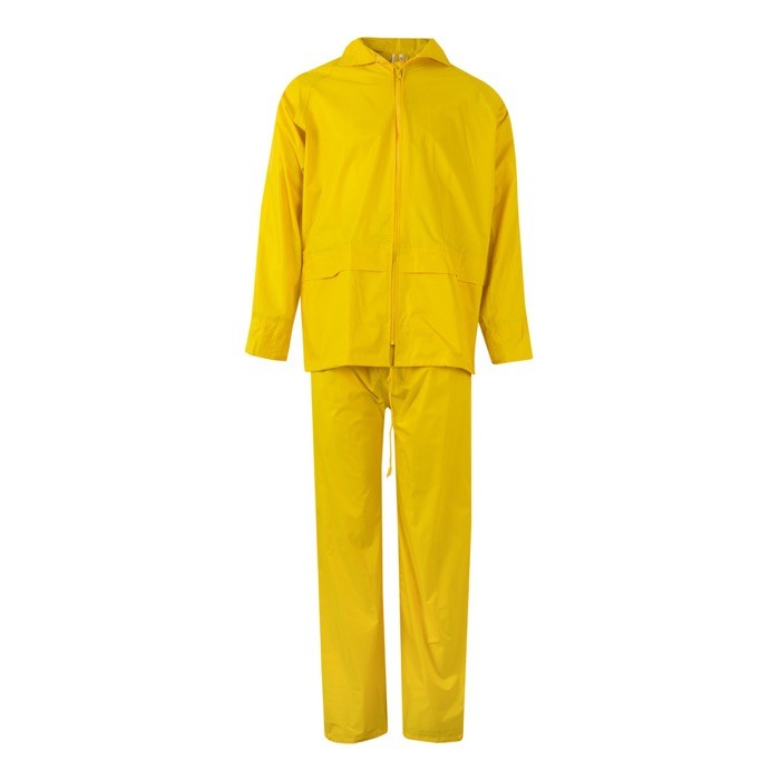 Traje de lluvia laboral de dos piezas de poliéser revestido 225 g/m2 color amarillo Traje de lluvia laboral de dos piezas de poliéser revestido 225 g/m2 color amarillo