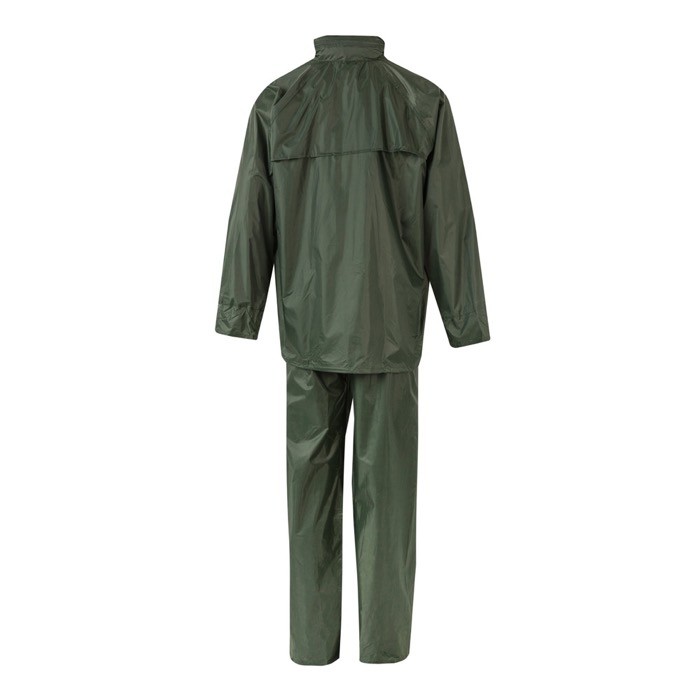 Traje de lluvia laboral de dos piezas de poliéser revestido 225 g/m2 color verde segunda vista Traje de lluvia laboral de dos piezas de poliéser revestido 225 g/m2 color verde segunda vista