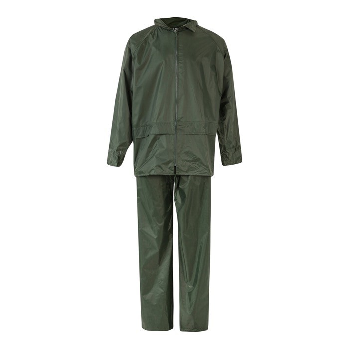 Traje de lluvia laboral de dos piezas de poliéser revestido 225 g/m2 color verde Traje de lluvia laboral de dos piezas de poliéser revestido 225 g/m2 color verde
