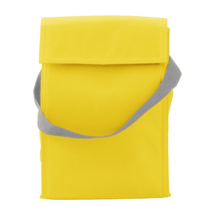 Bolsa nevera de poliéster con cierre superior de velcro color amarillo primera vista Bolsa nevera de poliéster con cierre superior de velcro color amarillo primera vista