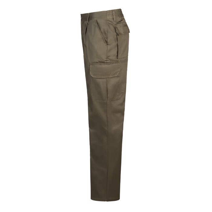 Pantalón multibolsillos unisex en algodón y poliéster 200 g/m2 color verde militar tercera vista Pantalón multibolsillos unisex en algodón y poliéster 200 g/m2 color verde militar tercera vista