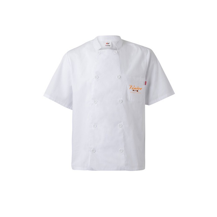 Chaqueta para cocina de manga corta de poliéster y algodón 110 g/m2 color blanco imagen con logo Chaqueta para cocina de manga corta de poliéster y algodón 110 g/m2 color blanco imagen con logo