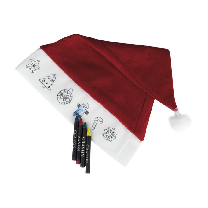 Gorro navideño para niños con dibujos y 4 ceras para colorear color rojo primera vista Gorro navideño para niños con dibujos y 4 ceras para colorear color rojo primera vista