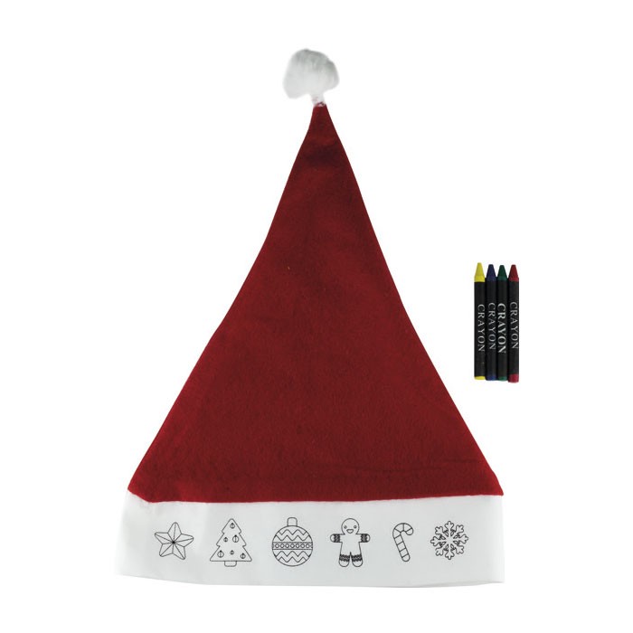 Gorro navideño para niños con dibujos y 4 ceras para colorear color rojo primera vista Gorro navideño para niños con dibujos y 4 ceras para colorear color rojo primera vista
