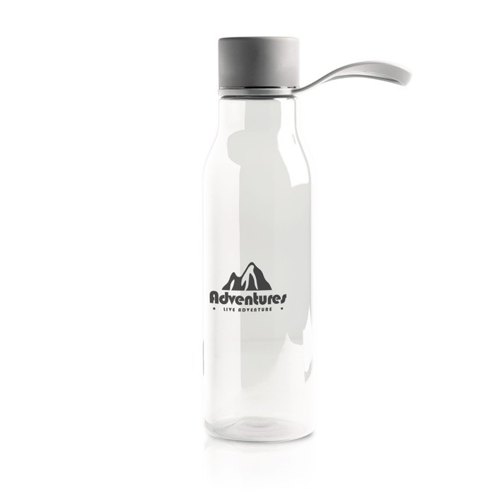 Botella de tritán con tapa de metal y asa de silicona 600ml color gris claro vista con logo impreso Botella de tritán con tapa de metal y asa de silicona 600ml color gris claro vista con logo impreso