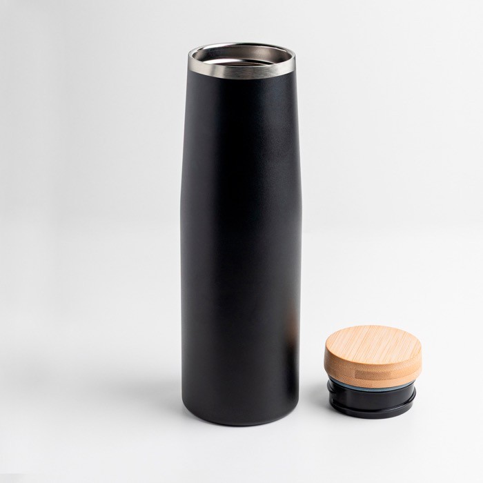 Botella térmica de acero inoxidable con tapa de bambú natural 550ml color negro vista 2