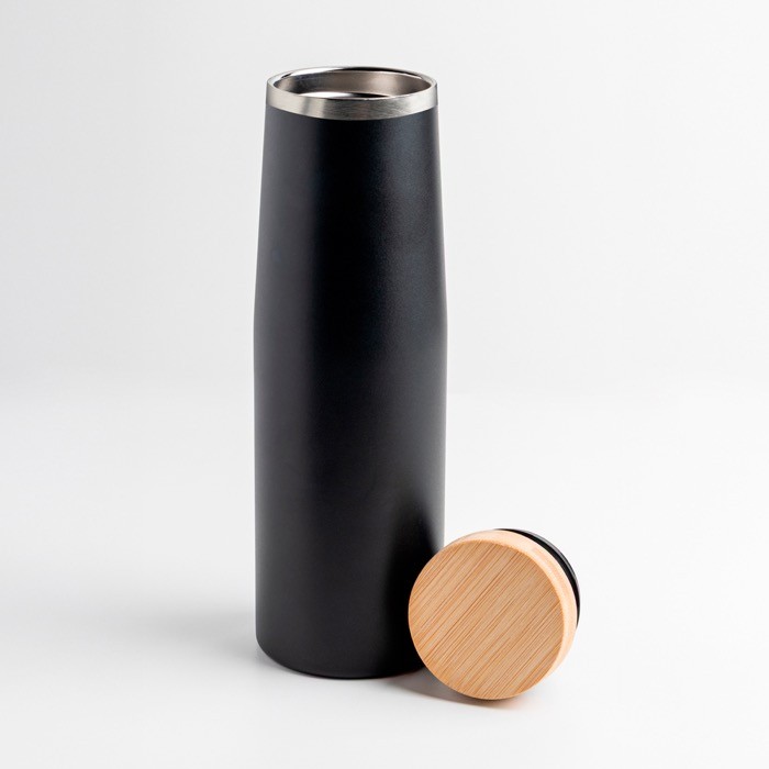 Botella térmica de acero inoxidable con tapa de bambú natural 550ml color negro vista 3