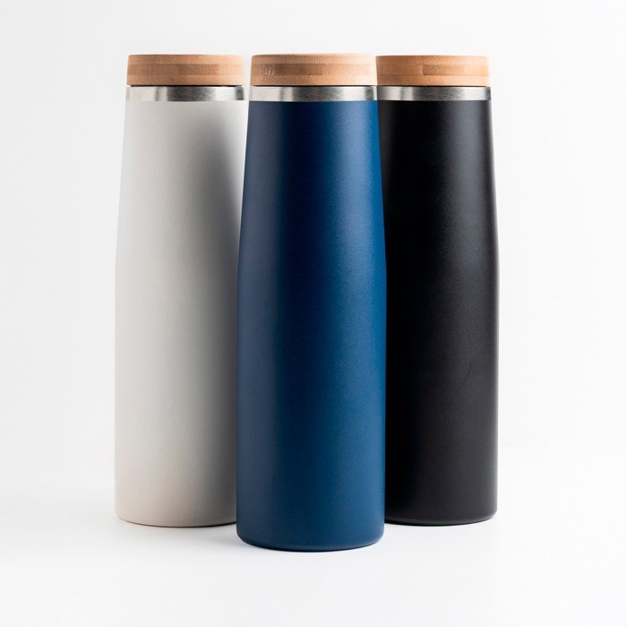 Botella térmica de acero inoxidable con tapa de bambú natural 550ml vista con varios colores