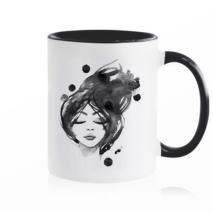 Taza de cerámica en varias opciones bicolor de 325ml color negro vista con logo impreso