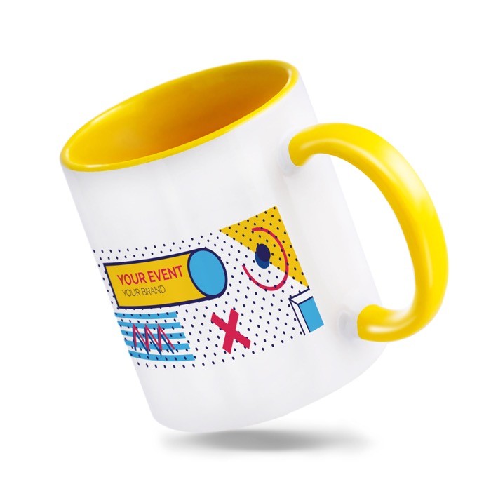 Taza de cerámica en varias opciones bicolor de 325ml color amarillo vista con logo impreso