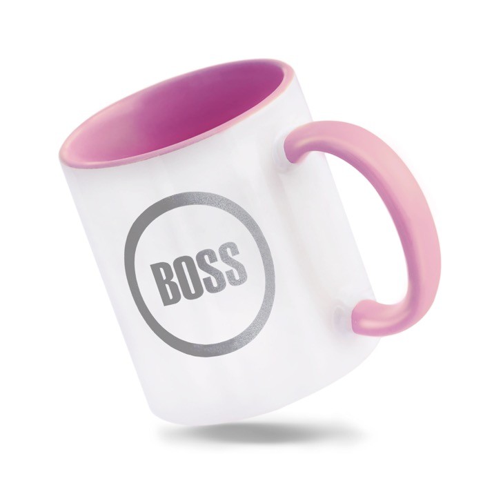 Taza de cerámica en varias opciones bicolor de 325ml color rosa claro vista con logo impreso