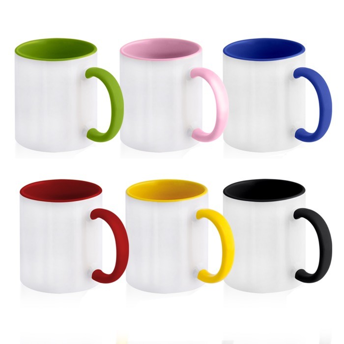 Taza de cerámica en varias opciones bicolor de 325ml vista con varios colores