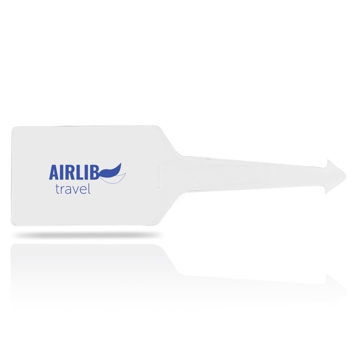 Identificador de maletas de varios colores con cara transparente color blanco vista con logo impreso