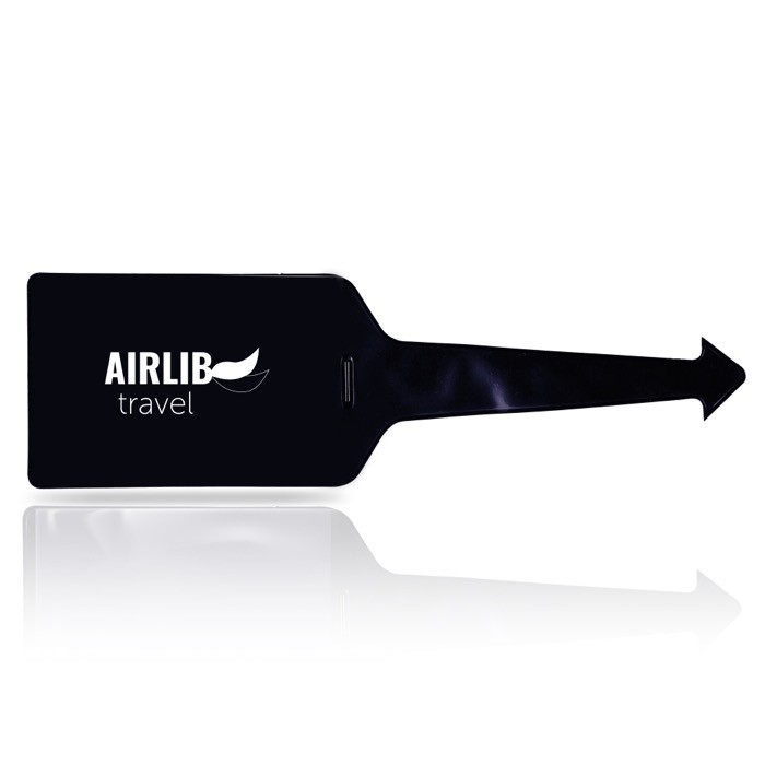 Identificador de maletas de varios colores con cara transparente color negro vista con logo impreso