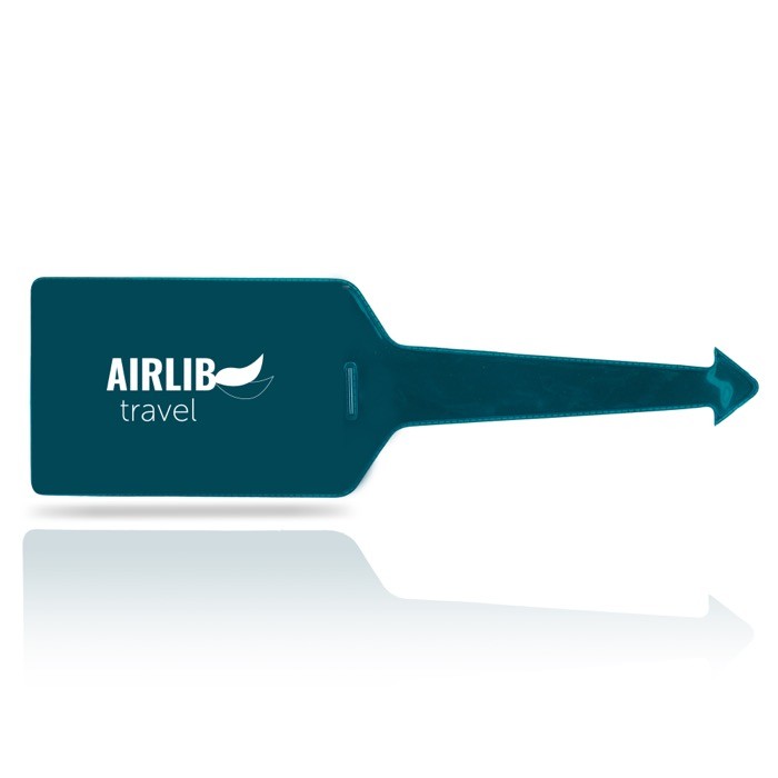 Identificador de maletas de varios colores con cara transparente color verde oscuro vista con logo impreso