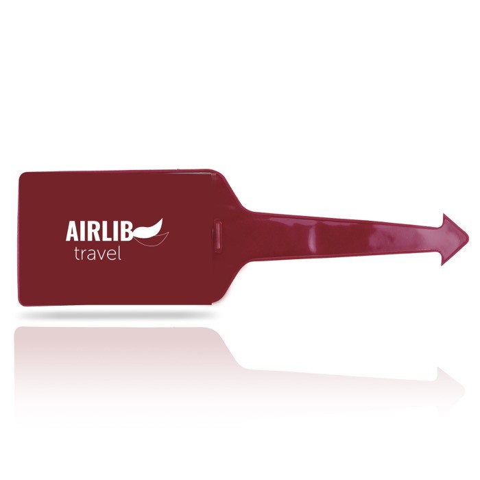 Identificador de maletas de varios colores con cara transparente color burdeos vista con logo impreso