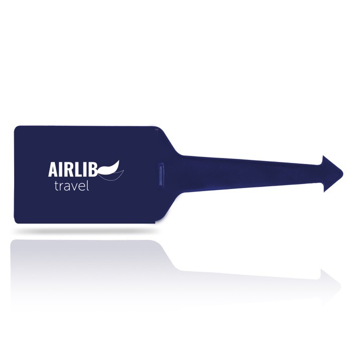 Identificador de maletas de varios colores con cara transparente color azul marino vista con logo impreso