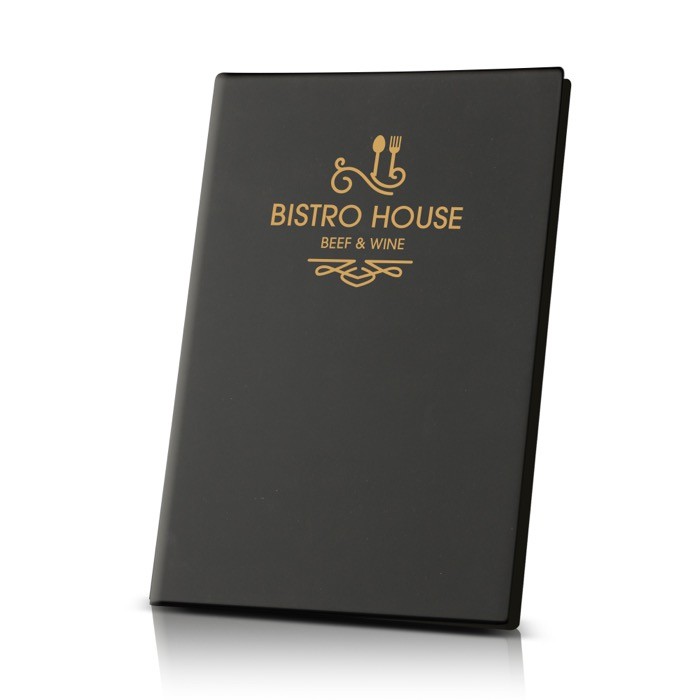 Porta menús con cuatro fundas transparentes en el interior color negro